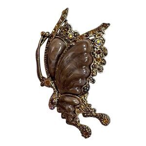 Vintage Butterfly Brooch Celluloid Swirl Slag Formed Rhinestones & Brown Finish